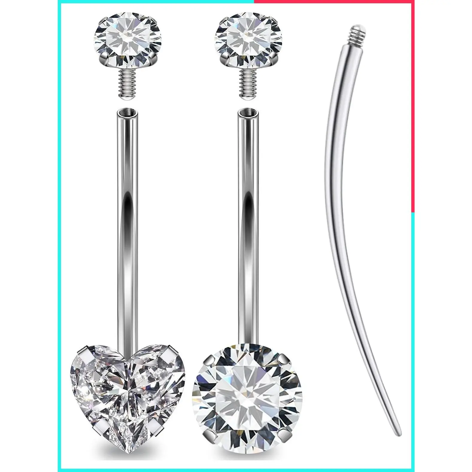 Long and Extra Long Bar Belly Button Ring, Internally Threaded Hypoallergenic Surgical Stainless Steel, 14mm 16mm 14G, Cubic Zirconia Navel Body Piercing Jewelry for Women Men