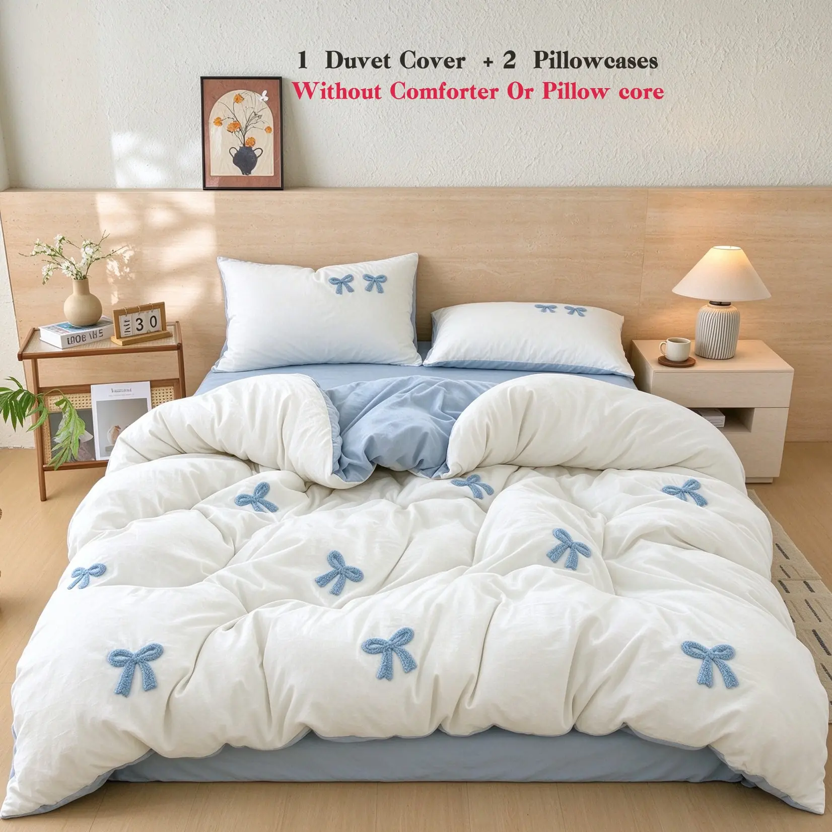 Butterfly Knot Embroidered Bedding Set, Polyester Duvet Cover and Pillowcases, Sweet Style, Bedroom Decor, Gift for Girlfriend, Bowknot Bed Set