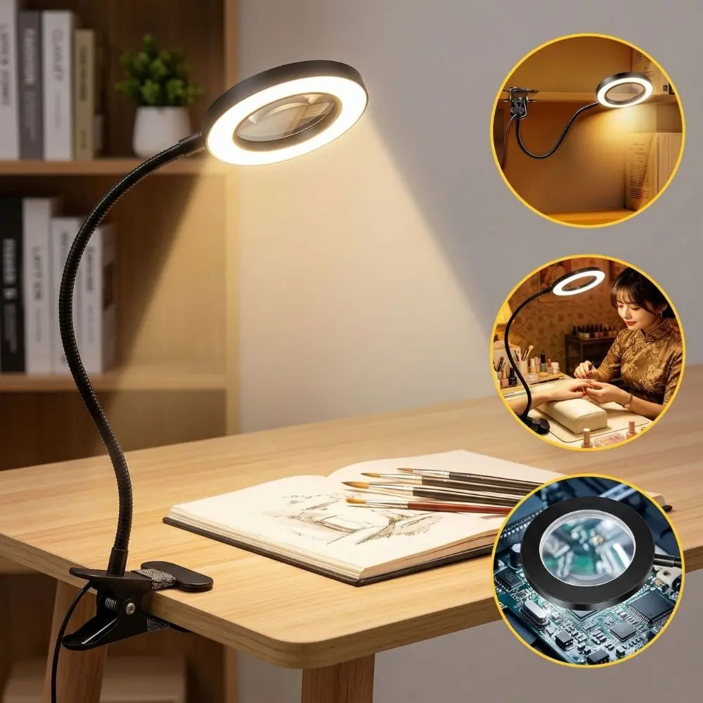 USB Clip-On Magnifying Lamp with LED Light, High-Definition Magnifier for Repair/nail Art/reading, Adjustable Brightness, Flexible Arm