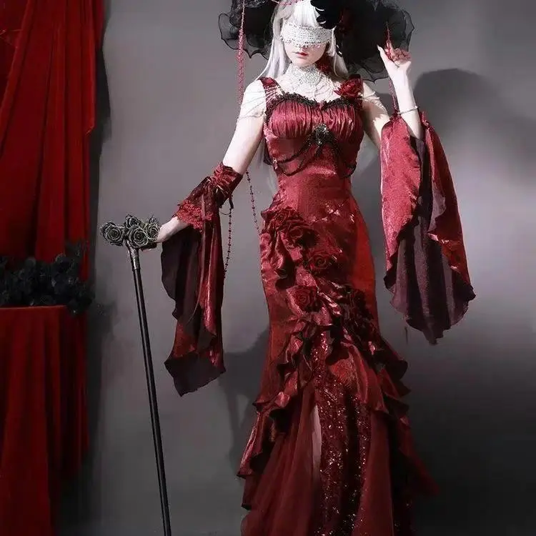 Halloween Costume Red Rose Fishtail Dress Women Lolita Sweet Sexy Girl Slim Goth Mid-length Suspender Dress with Hand Sleeves