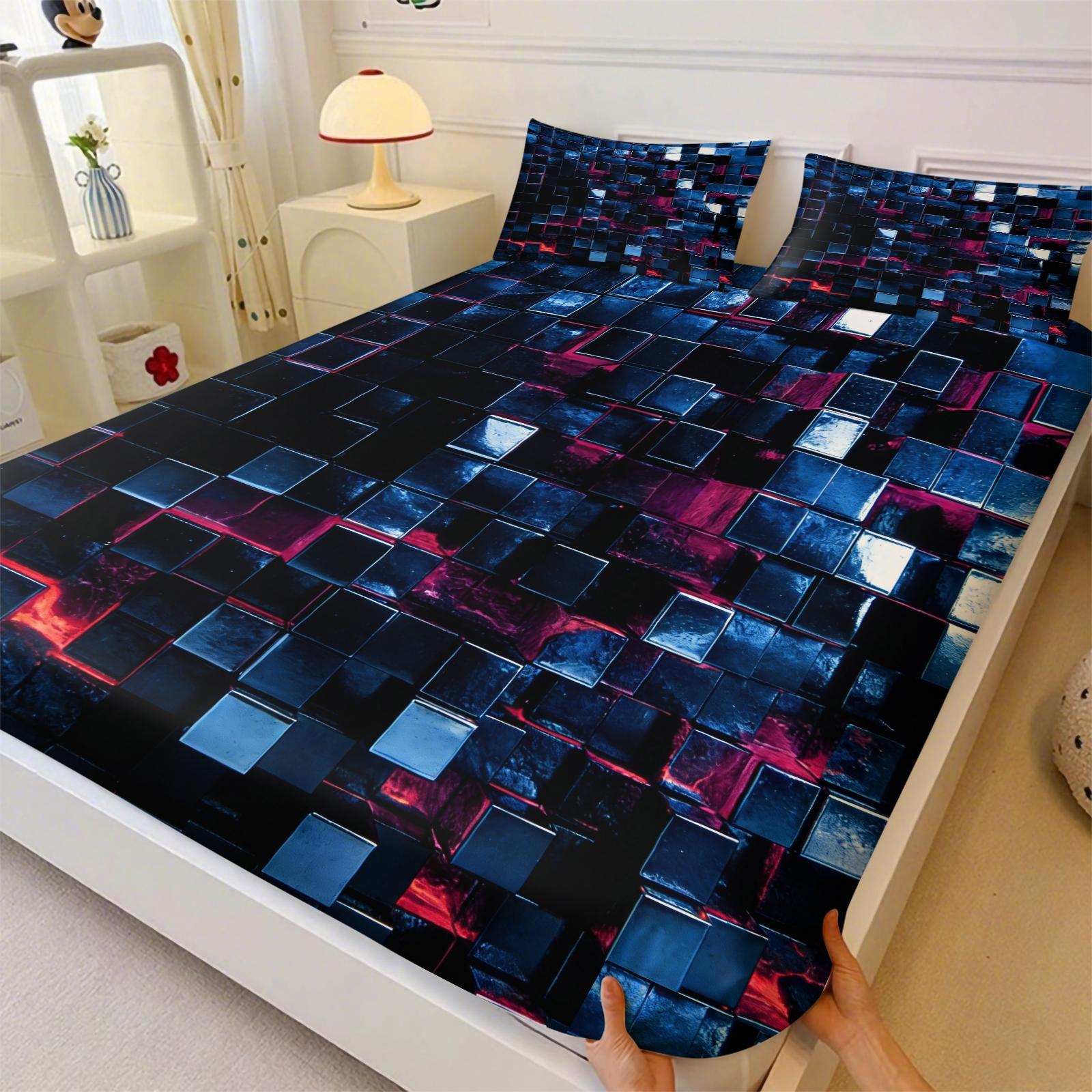 Deep Sea Neon Cube 3D Visual Fitted Sheet Set & 2 Pillowcases No Core, Blue Metallic or Glass Reflective Textures Square Matrix Blocks Design, Soft Wrinkle-Resistant, Futuristic Bedroom Decor, Gift Choice