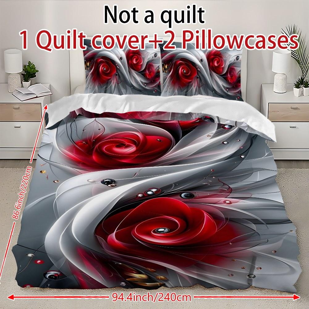 Three-piece bedding set - 2pcs/3pcs 2D Flat silver, white, and red rose abstract pattern duvet cover set (1 duvet cover + 1/2 pillowcases, no insert), multi-color printed bedding set, soft and comfortable, suitable for family bedrooms and guest rooms.