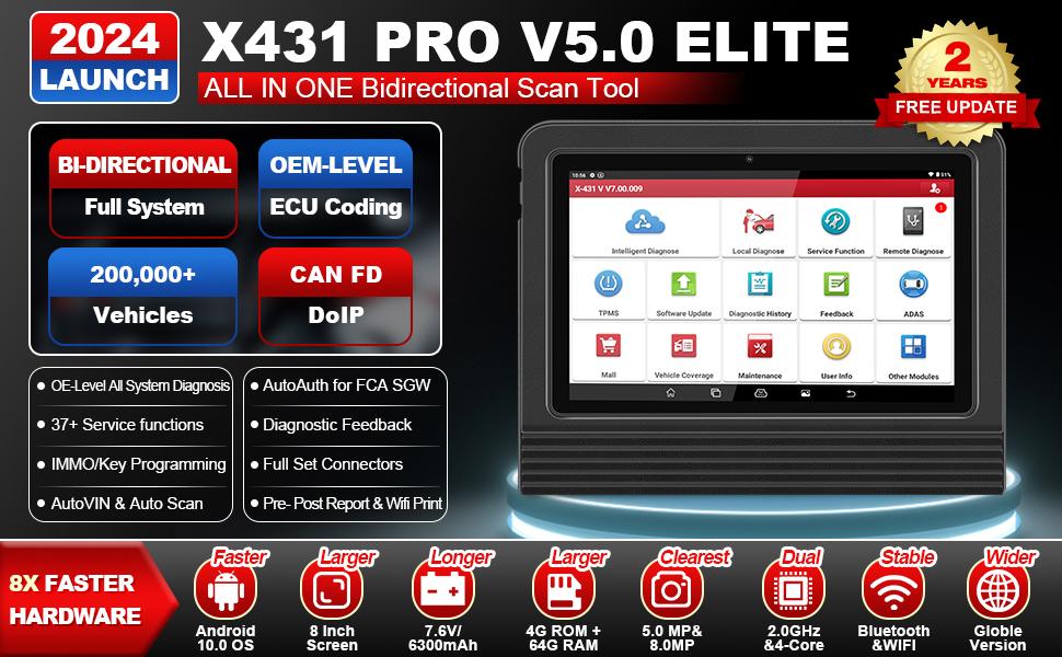 LAUNCH X431 Pro V5.0 2026 New Bidirectional Car Scan Tool All Systems Diagnostic Scanner with CANFD/DOIP,FCA AutoAuth,Online Coding&37+Reset