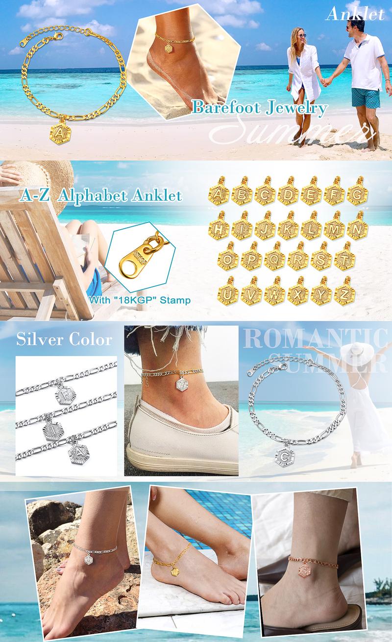 FindChic Initial 26 Letters Charm Anklet Summer Beach Dainty Foot Chain Ankle Bracelet Figaro Chain Anklet For Women Men Girlfriend Boyfriend