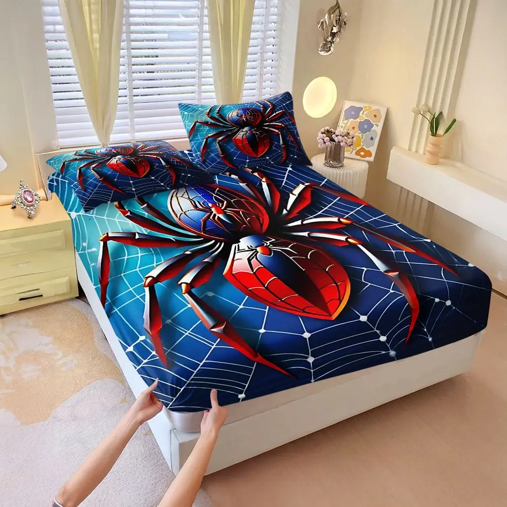 3pcs Spider Web Print Fitted Sheet Set (Includes 1 Elastic Fitted Sheet And 2 Pillowcases; No Pillow Core). Vibrant Digital Print Bed Sheet Set, Cool Hero-Themed Bedroom Decor, Perfect For All Seasons And Comfortable Sleep. Digital Print Bedding