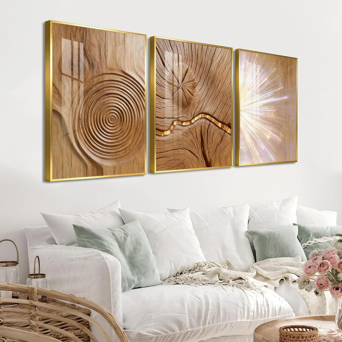 3 Counts Aluminum Alloy Framed Painting, Abstract Wood Texture And Light Burst Pictures, Home Decoration For Living Room, Bedroom, Office, Restaurant, Hallway Wall Decor, Odorless Print Artwork, Luxury Perfect Gift For Friends And Family