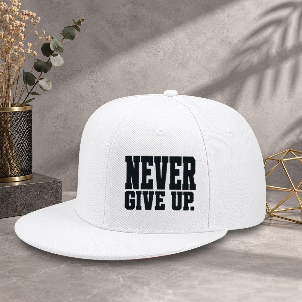 Unisex baseball cap with minimalist text "Never Give Up" printed flat brim design, multiple colors to choose from, adjustable size with code