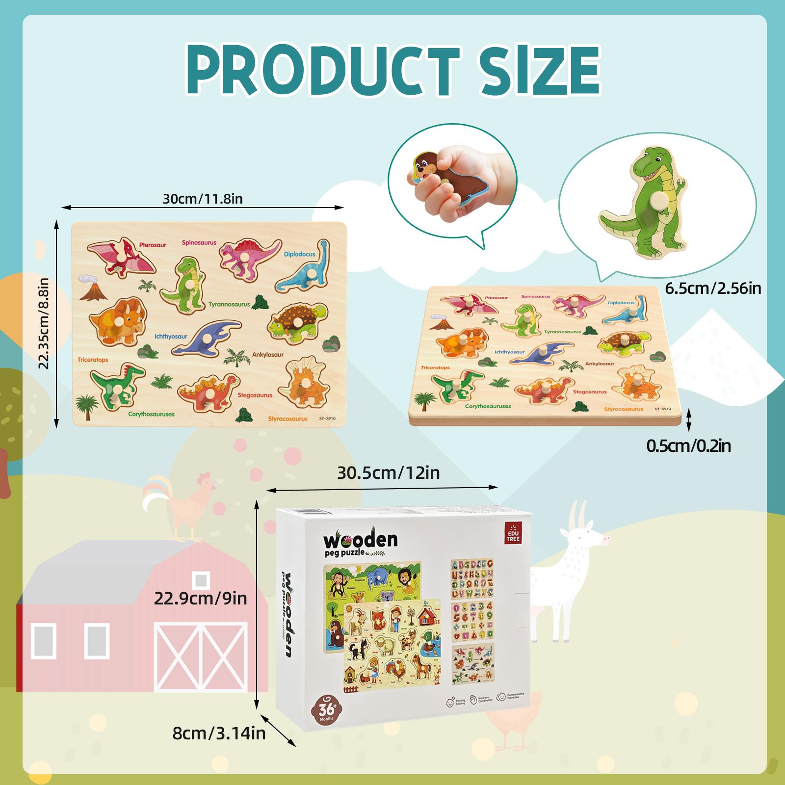 edutree 5pcs Wooden Peg Puzzles for Toddlers 1 2 3 4, 6 Pack Educational Peg Puzzles Montessori Toys, Learning Puzzles for Kids Girs Boys with Alphabet Number Animal Vehicle Shape, Halloween gift