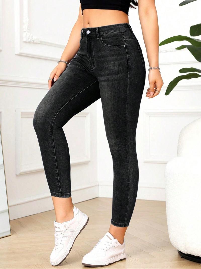 Women's Petite High-Waisted Elastic Belted Pocket Skinny Jeans, Casual Slim Fit Ninth-Trousers, All-Season Wear, Elegant Daily