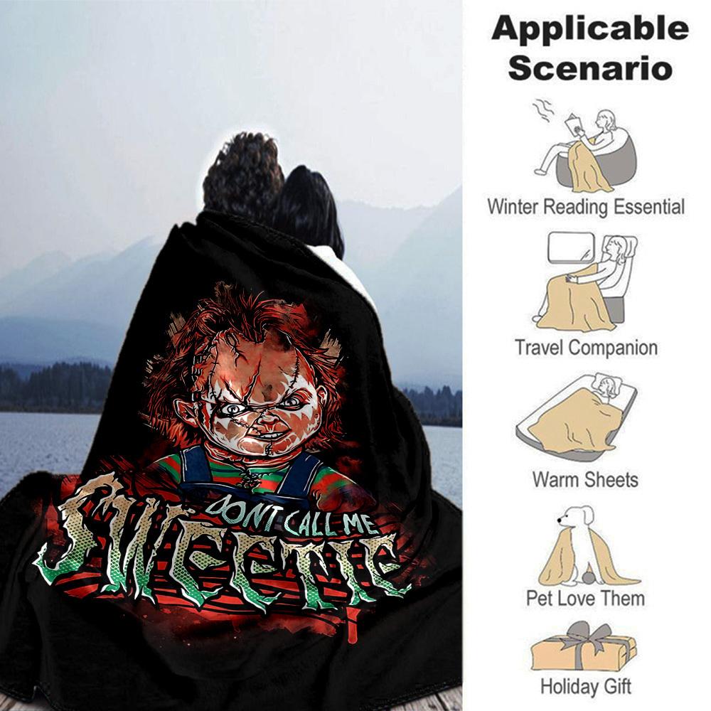 Chucky Quote Horror Graffiti All-Season Lightweight Anti-Pilling Urban Grit Fleece Throw Blanket - Child’s Play "Don’t Call Me Sweetie" Print, Multi-Size Plush Portable Sofa Nap Cover, Horror Movie Fan Gift