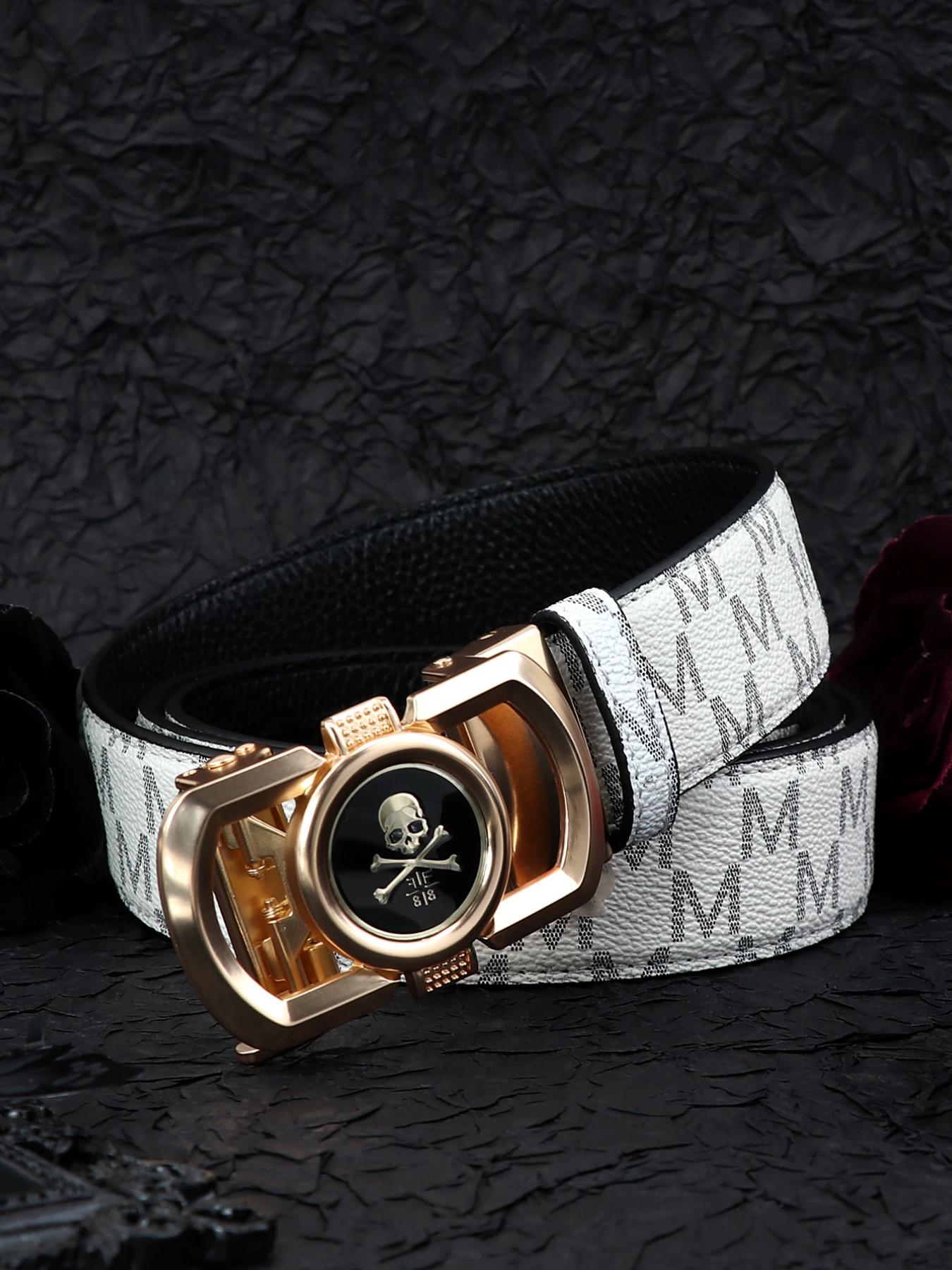 New Trendy Skull Head Automatic Buckle Belt, M Letter Printed Waistband, Men's Fashion Versatile Casual Punk Pants Belt