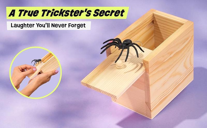 Mini Spider Prank Box - Surprise Wooden Gag Gift, Perfect for Birthday, Halloween & Birthday Pranks, April Fools Day, Harmless Joke with Rubber Spider, Startling & Reusable Prank Kit