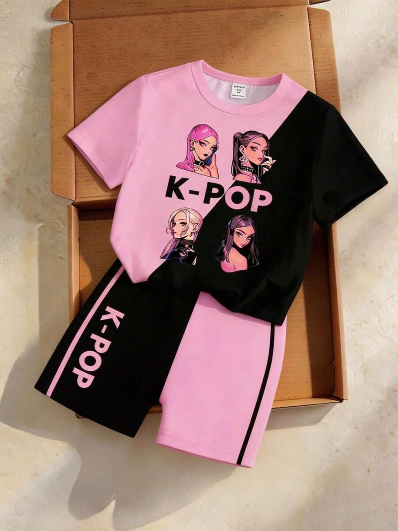 K-Pop Girl Summer, Colorblock Letter Print T-Shirt + Slim Fit Shorts, Stage Performance Costume, Cartoon Pattern
