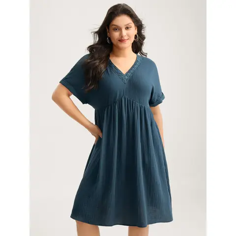 BloomChic Pure Cotton Lace V-Neck Solid Mini Dress 【M-6XL】