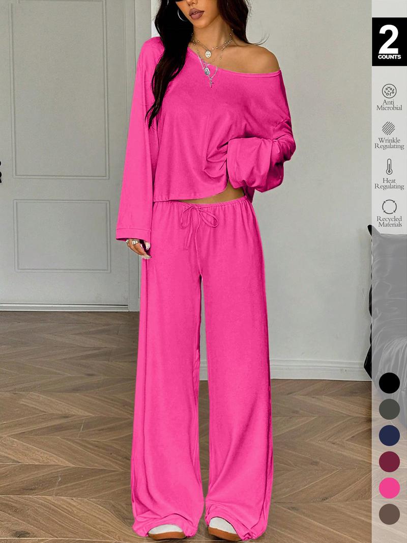 Women's 2-Piece Sleepwear Set, Elegant Solid Color Loose-Fit Long Sleeve Thermal Top and Pants, Pajama Set for Autumn and Winter