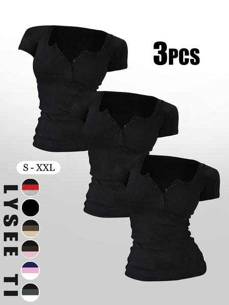 Women's Solid Button Tee, Casual Chic Minimalist Short Sleeve T-shirt for Summer, Ladies Clothes for Daily Wear