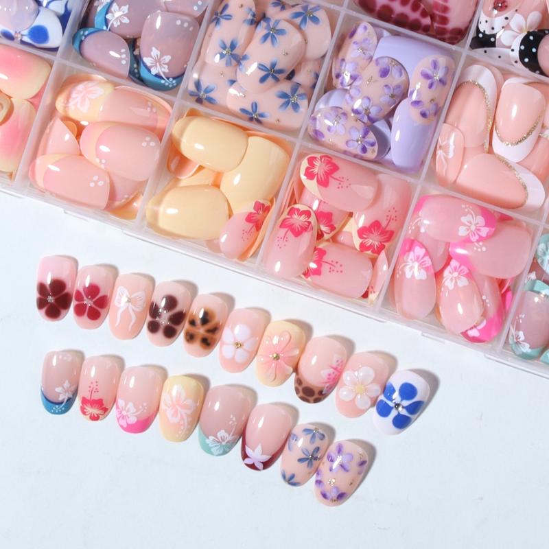 576 Piece Acrylic Press-On Nails Set, Short Oval Leopard French Flower Bow Design, Easy Wear Nail Art for Women Girls, Acrylic Fake Nails