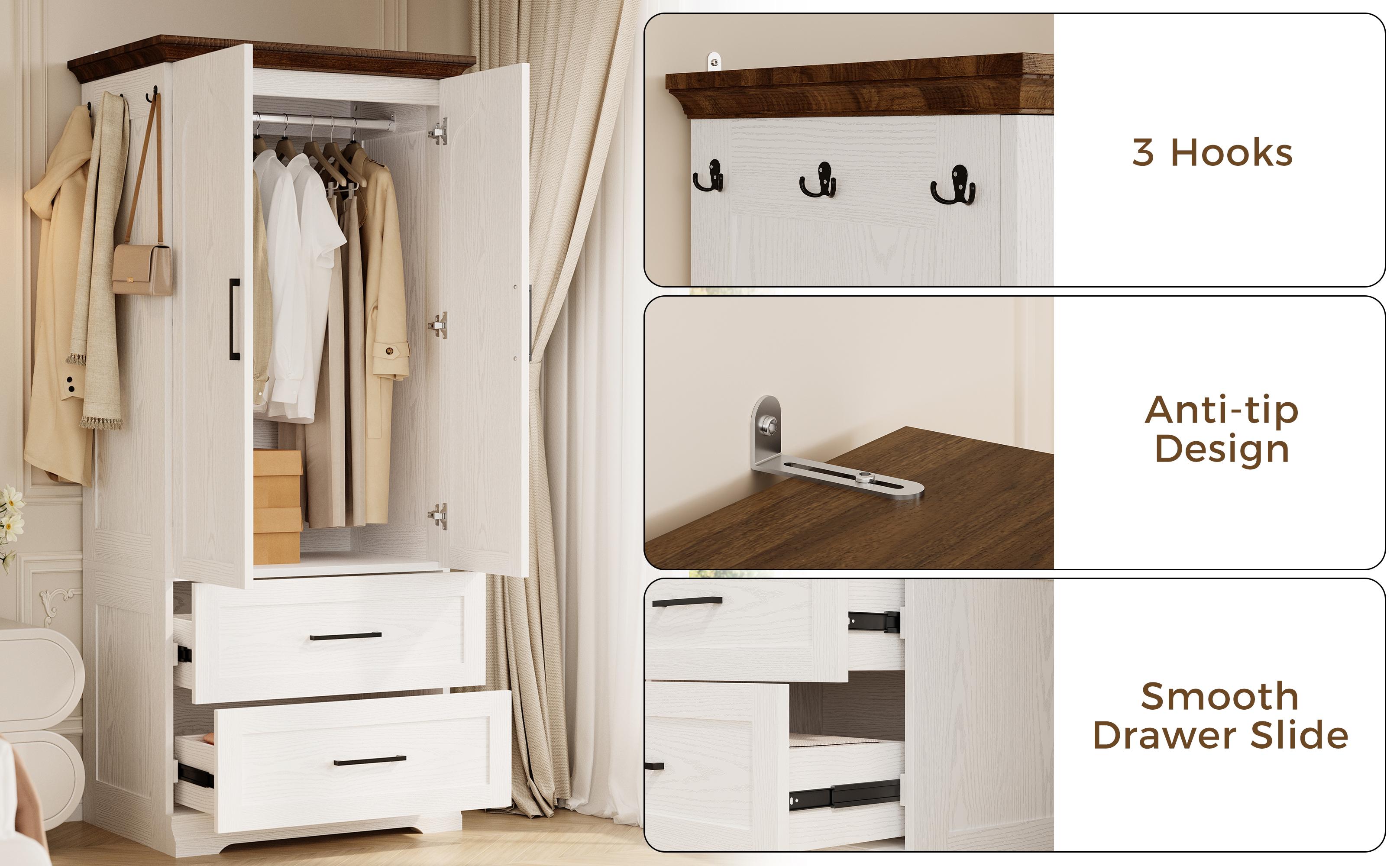LIKIMIO Armoire Wardrobe Closet 70.9" H,with 2 Doors & 2/3 Drawers,Bedroom Wooden Wardrobe with 3 Hooks & Hanging Rod,Freestanding Closet System