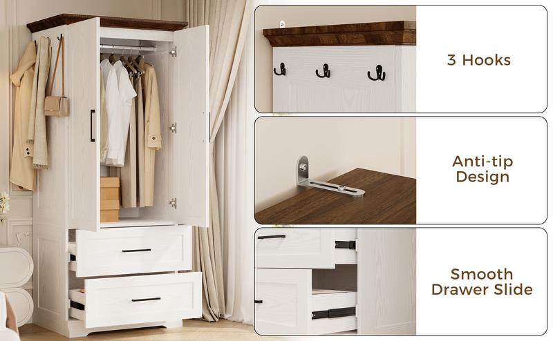 LIKIMIO Armoire Wardrobe Closet 70.9" H,with 2 Doors & 2/3 Drawers,Bedroom Wooden Wardrobe with 3 Hooks & Hanging Rod,Freestanding Closet System