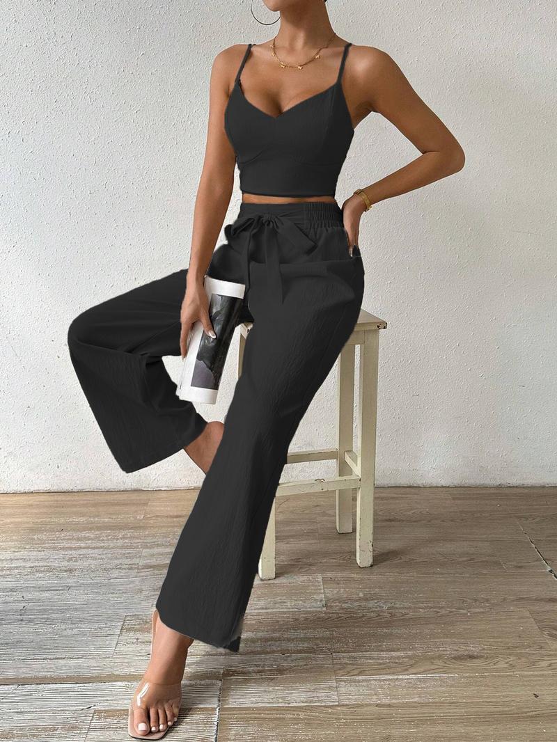 Women's Solid Crop Cami Top & Wide Leg Pants Two-piece Set, Casual Comfy Two Piece Outfits for Daily Wear, Ladies Clothes for All Seasons