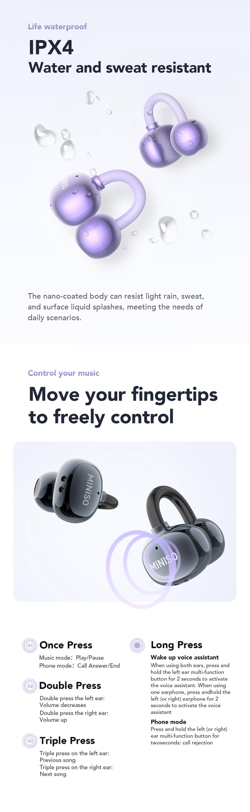 MINISO MS199 Translation Clip On Ear Headphones Full Color Touch Screen, Audio Wireless Headphones Support 135 Languages Real Time Bluetooth Translation Built-in Microphone for Music & Phone Calls,Sport Waterproof & Sweatproof