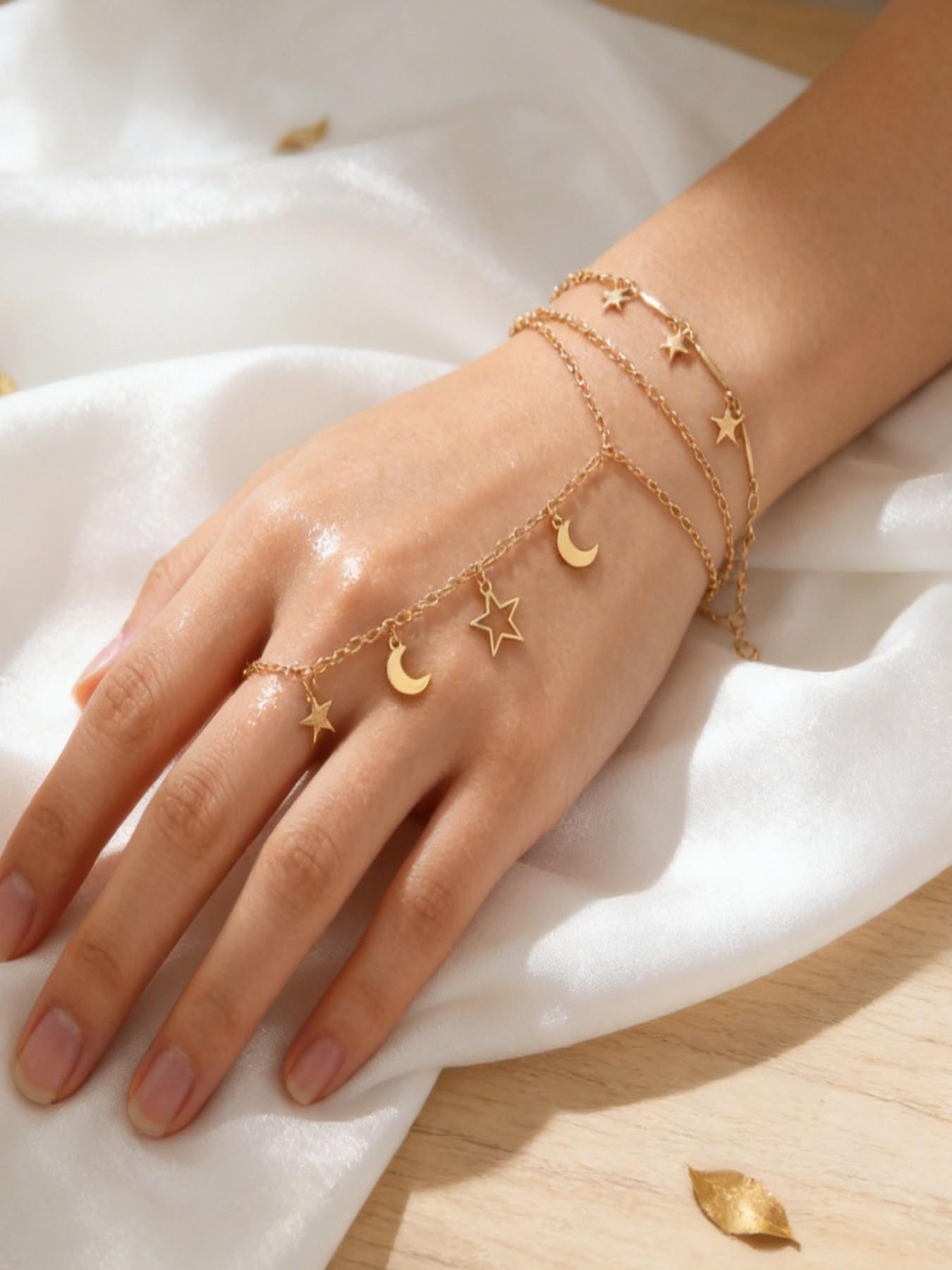 2pc Layered Bracelet, Retro Star Moon Design, Multi-Layer Connected Finger Bracelet, Casual Women's Accessory, Birthday Gift