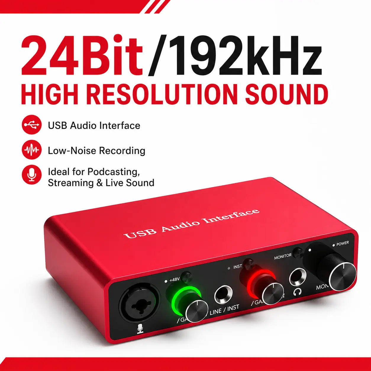Portable Digital Audio Interface with XLR Support, 48V Phantom Power & Ultra Clear Sound Processing, USB Sound Card for Vocal Recording, Live Streaming and Home Studios