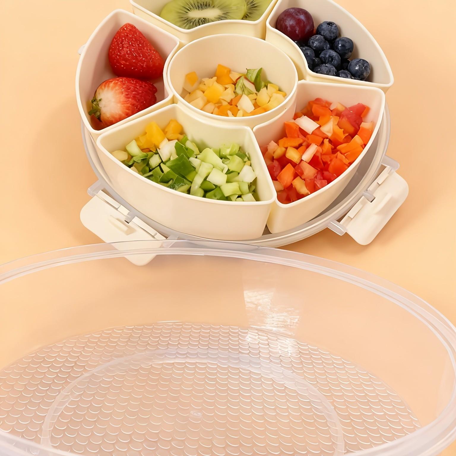 1PC - Divided Dinner Plate - with Lid and Handle / Fruit Plate / Suitable for Snacks - Portable Rotating Vegetable Plate - Suitable for Kitchen Parties Travel Picnics - Stackable Snack Box Container / Round Plastic Rotating Snack Tray with Lid