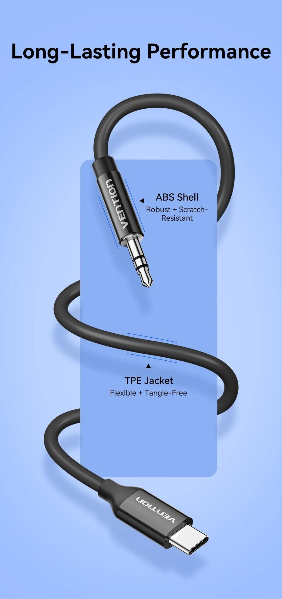 Vention USB-C Male to 3.5mm Male Jack Headphone Adapter Audio Cable with DAC Adapter Aux Audio All Earphone HiFi Splitter Cable 1m 1.5m