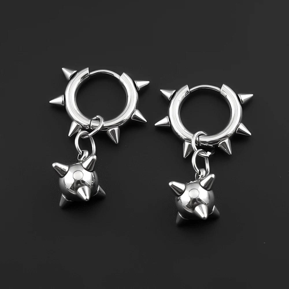 Gothic Spiky Sphere Drop Earrings Stainless Steel Spike Ball Dangle Huggie Hoops Dark Street Emo Piercing Decor Jewelry Gift