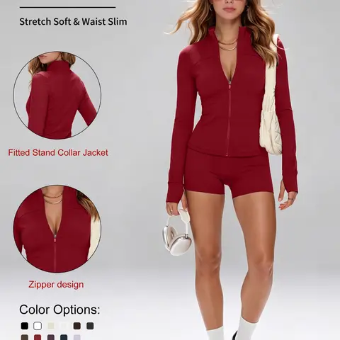 Women's Fall Winter Full Zip Sports Jacket Running Jackets Stand Collar Slim Fit Athletic Running Top with Thumb Holes