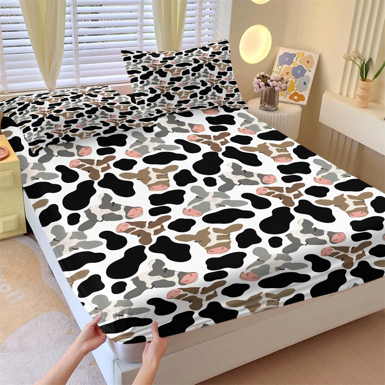 3Pcs Western Aztec Cow Print Fitted Sheet Set with 2 Pillowcases, Southwestern Turquoise Geometric Deep Pocket Elastic Mattress Cover, Boho Cowhide Tribal Bedding, Soft Microfiber Non-slip Bedspread, Printed Bedding Set for Bedroom Decor Bedset