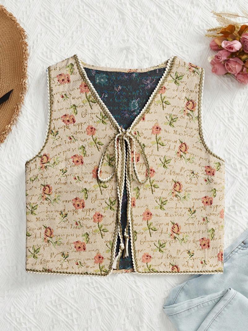Women's Floral Pattern Tie Front V Neck Vest, Boho Sleeveless Outerwear for Beach Vacation Holiday, Ladies Clothes for All Seasons