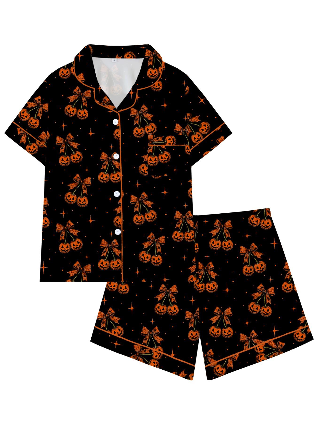 Creepy Cute Skeleton Halloween Pattern Short Sleeve Pajama Set, Spooky Stitched Face Graphic Sleepwear with Black Piping, Goth Style Summer Loungewear Set, Fun 2-Piece PJs