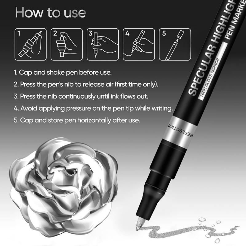 6 Colors High Gloss Liouid Chrome Paint Pen Markers,Metallic Art Paint Marker Pen for Any Surfac for Plastic Glass Rock Ceramic With Marker Clear pen