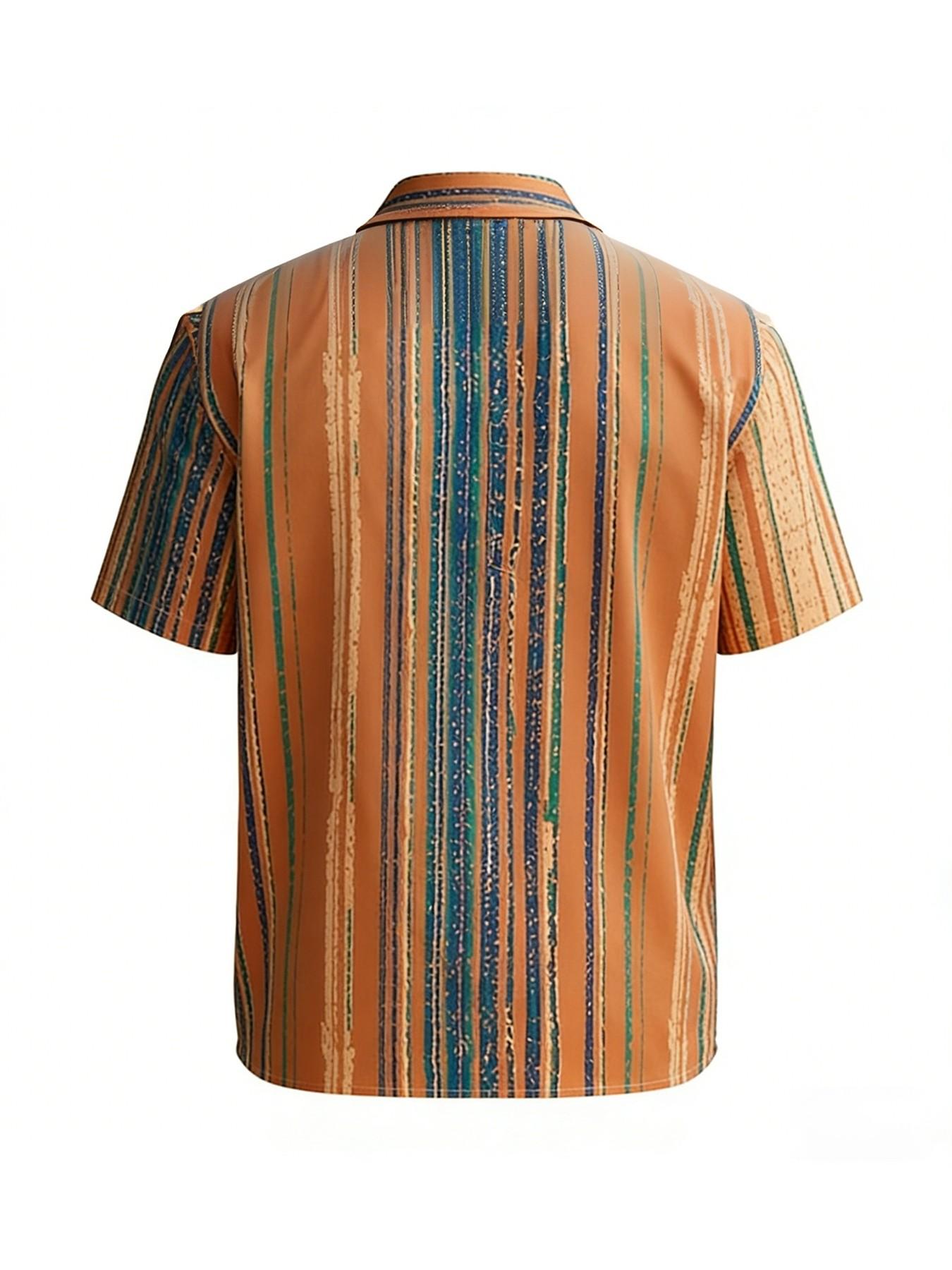 Men's Vintage Striped Collared Shirt, Breathable Short Sleeve Casual Top, Beach Vacation Street Summer Open Front Jacket