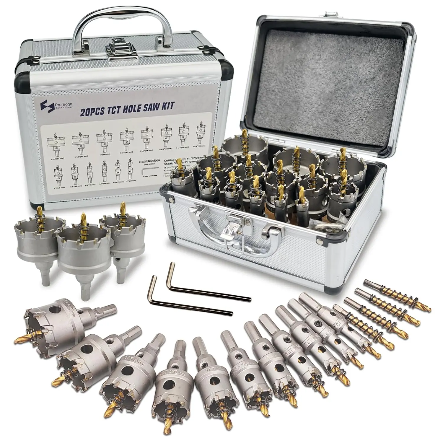 20pcs TCT Carbide Hole Saw Kit 1/2"-2-1/4" Hole Set| Hole Saw for Stainless, Iron, Alloy, Aluminum, with Two Plated Center and Two L-Wrench