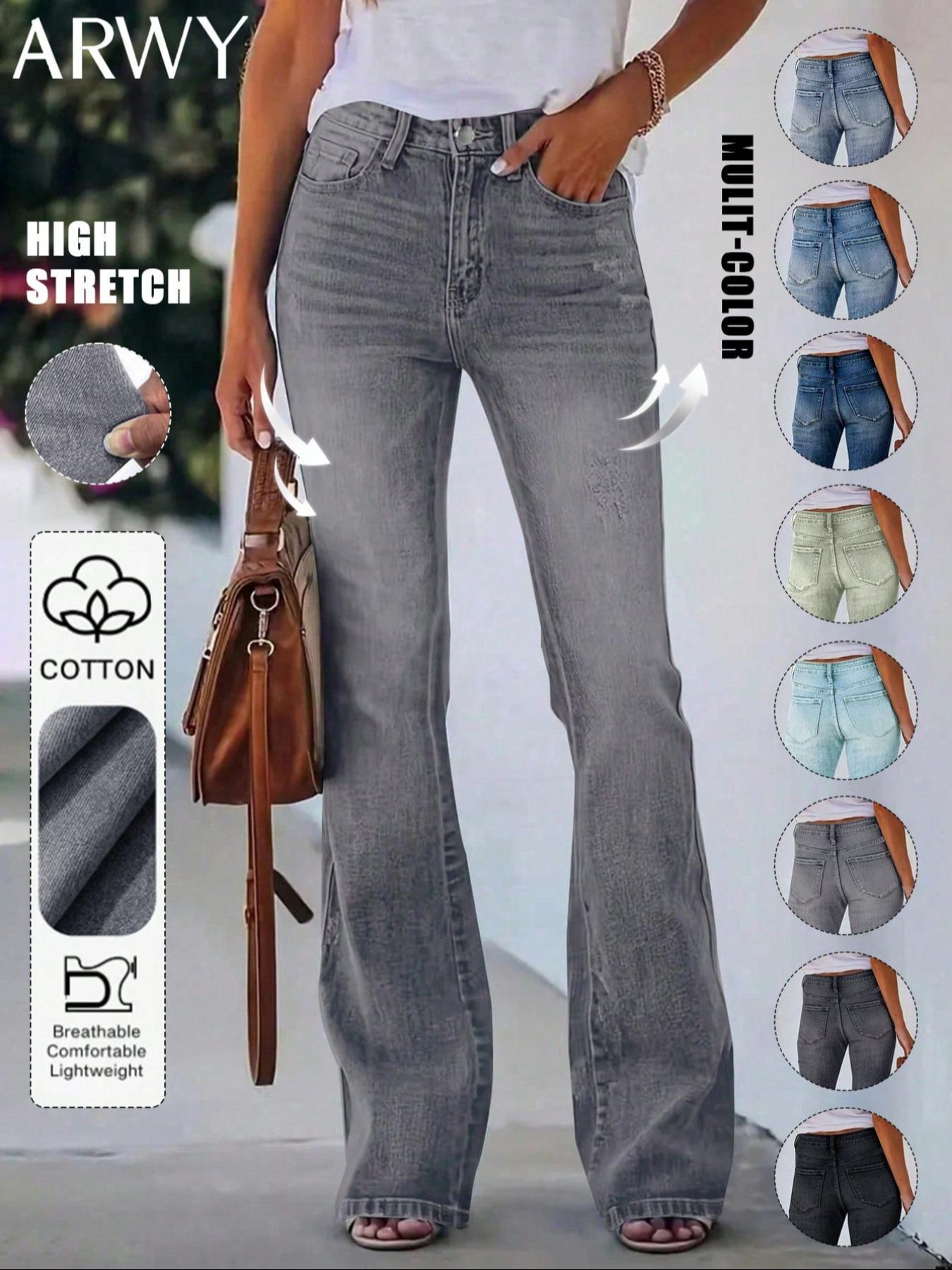 Women's Gradient-Color Slim-Fit Bootcut Jeans with Button, Fashion Mid-Rise Stretchy Washed Denim Pants, Bohemian Style for All Seasons