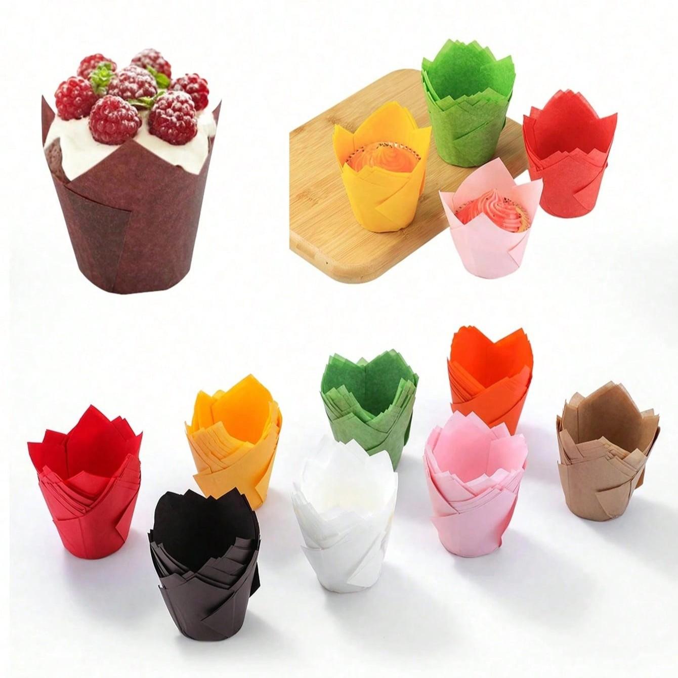 10/50pcs Tulip Paper Cupcake Liners, Muffin Cups, Flame Cups, Heat Resistant Baking Cups, Oil-Proof, Ideal for Holidays & Kitchen Storage