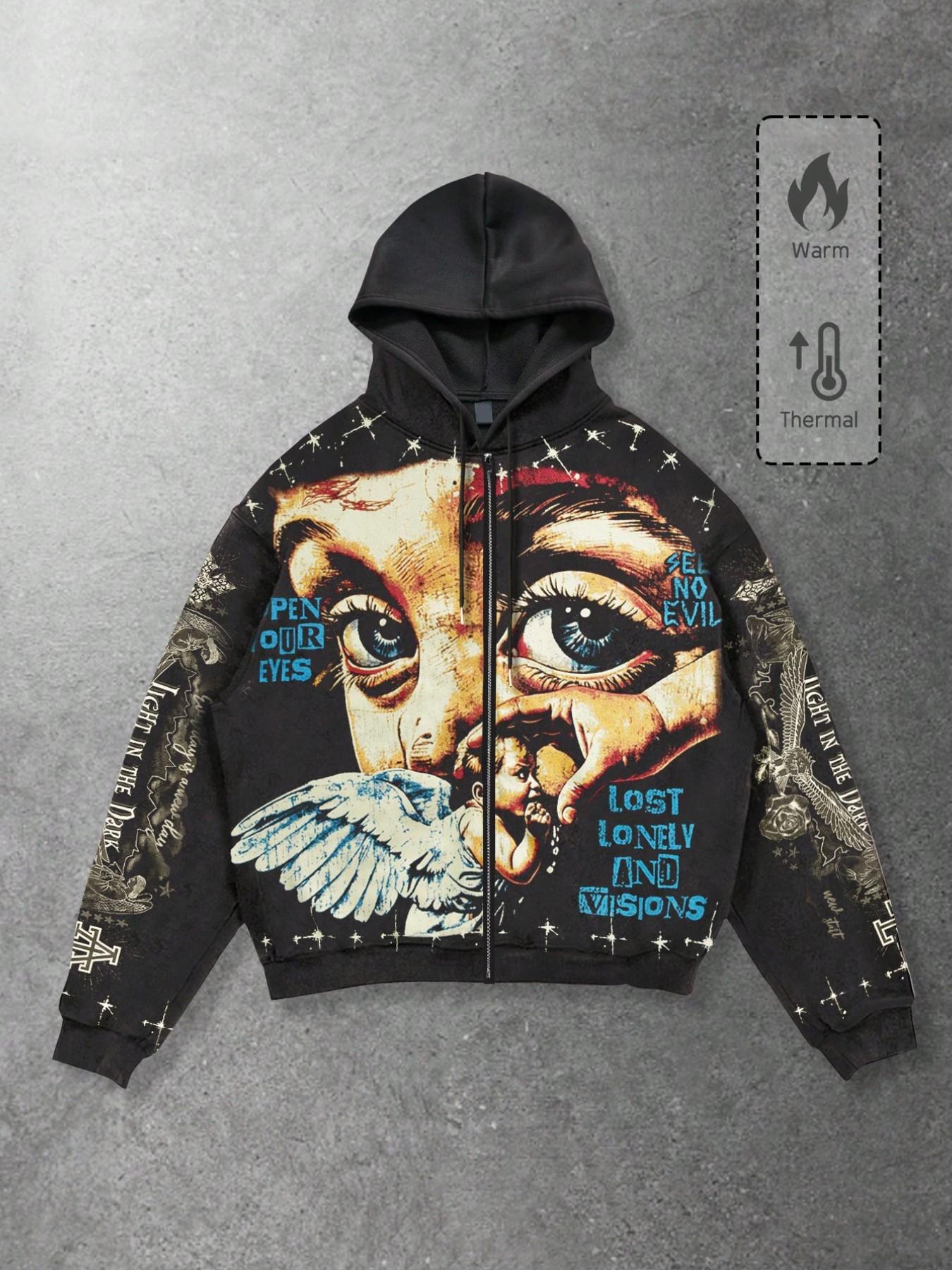 Men's Y2K Retro Vintage Streetwear, Angel Wings Graffiti Print Zip-Up Sweatshirt, Graphic Hoodie, Loose-Fit Short Jacket