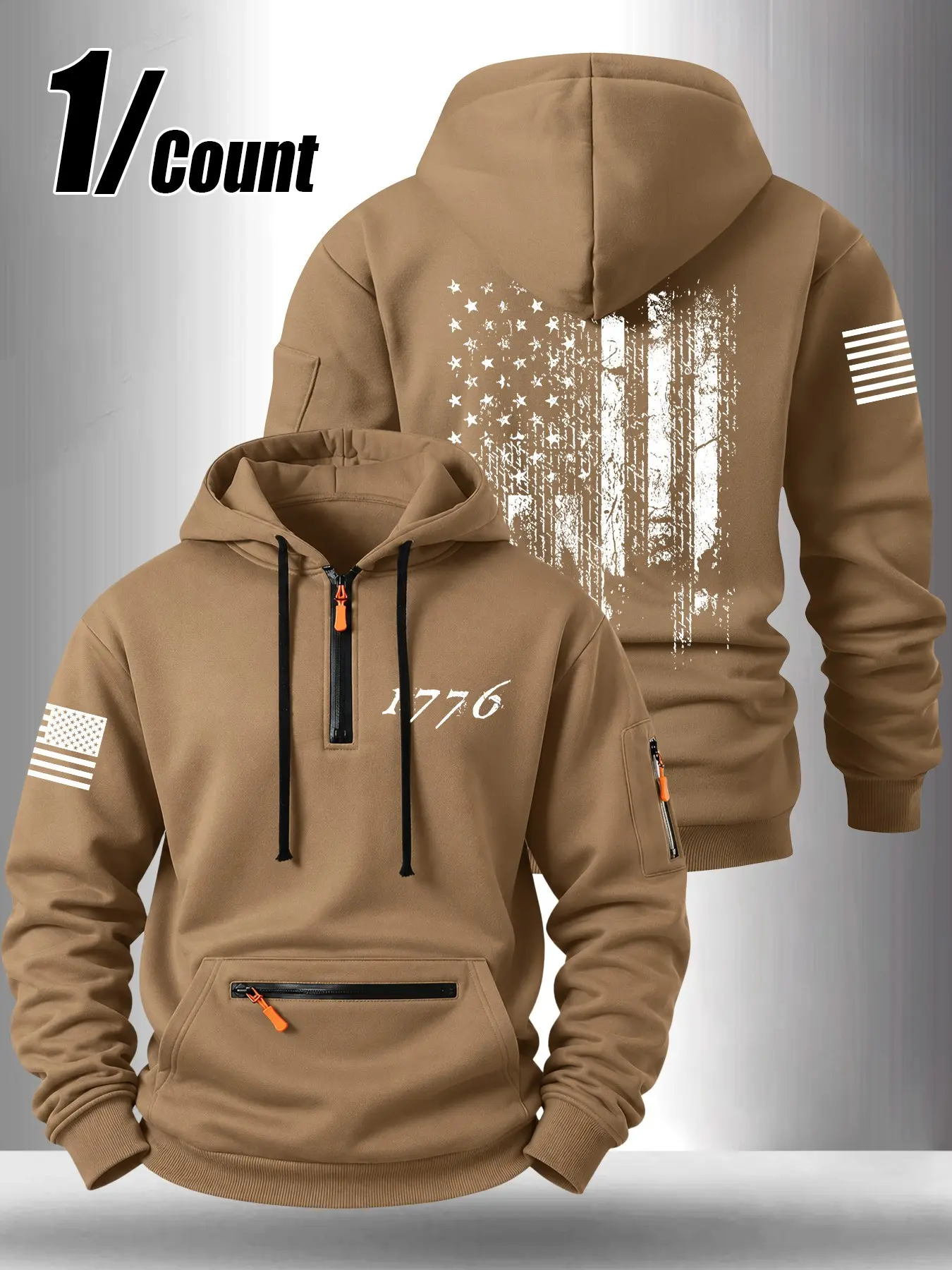 Men's 1776 Patriotic Tactical Hoodie, Vintage Distressed USA Flag Graphic, Half Zip Multi Zipper Pockets Long Sleeve Hooded Sweatshirt #PatrioticGear #TacticalHoodie #USAFlag #1776 #MensStreetwear
