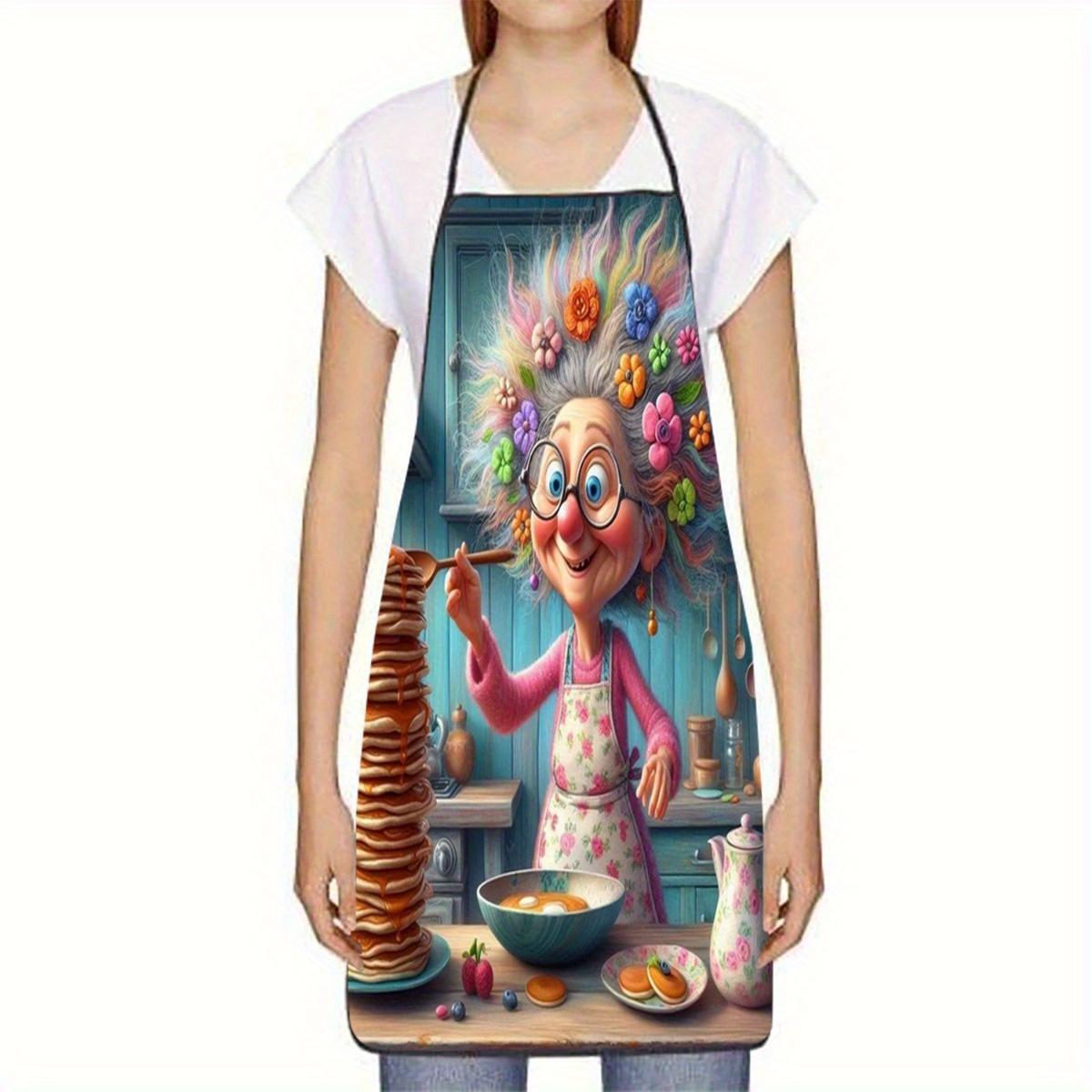 1pc Whimsical Grandma Stacking Pancakes Print Polyester Apron - Durable Unisex Kitchen Baking Coffee Work Apron with Floral Accents, Comfortable for Home & Cafe Use, Playful Kitchenwear