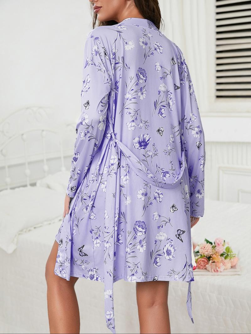 Women's Floral Print Lounge Set, Cami Top & Shorts & Open Front Outwear Three-piece Set, Casual Comfy Pyjama Set for Women, Nightwear, Womenswear, Pajamas, Loungewear