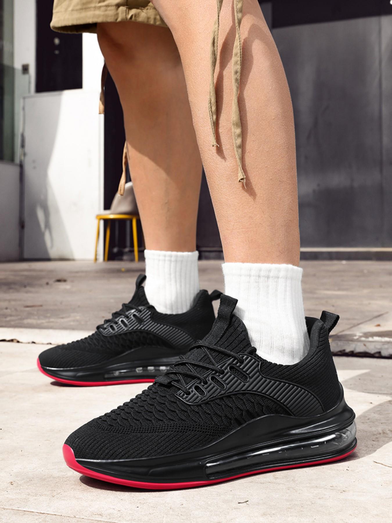 New Fish Scale Full Sole Air Cushion Running Shoes, Men's Flyknit Breathable Sport Shoes, Thick Sole Shock Absorption Casual Shoes