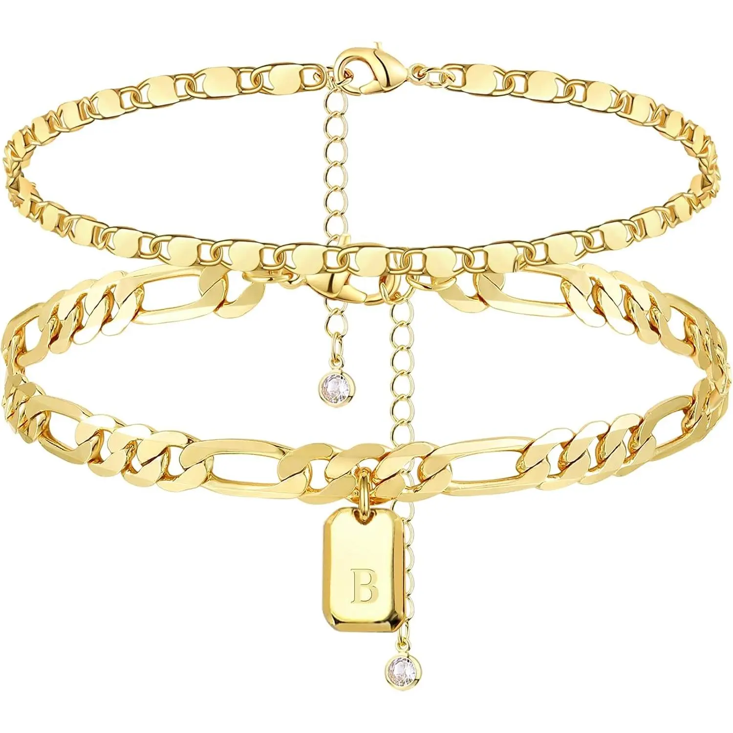 Initial Ankle Bracelets for Women, 14K  Plated Dainty Layered Figaro Chain Letter Initial Ankle Bracelets Set Trendy Personalized Name Tag Anklet Summer Beach  for Women