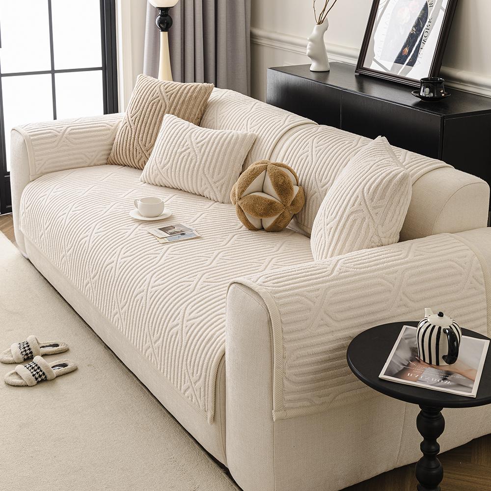 Comfortable Cross-Stitch Plush Sofa Cushion, Thick Soft Pet-Friendly Universal Sofa Protector, Non-Slip Faux Fur Chair Cover for Living Room Bedroom Office Decor