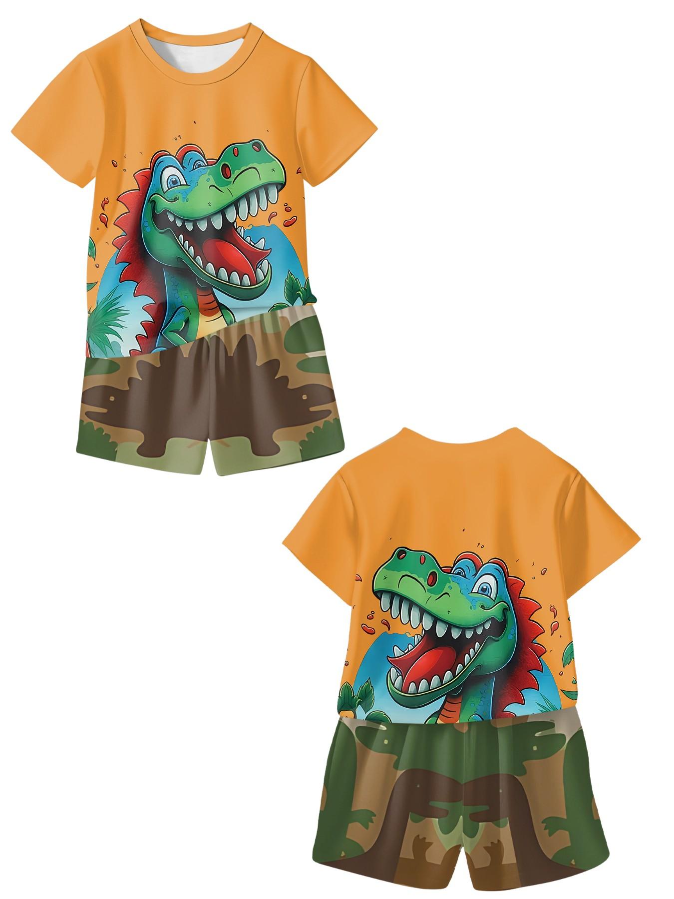 Chengqu Tyrannosaurus Rex Roar Two-Piece Set (Short Sleeve & Shorts), 100% Polyester Casual Loose Fit Outfit, Fun Printed Patterns for Summer, Outdoor Sports T-Shirt Set, Perfect Gift for Boys