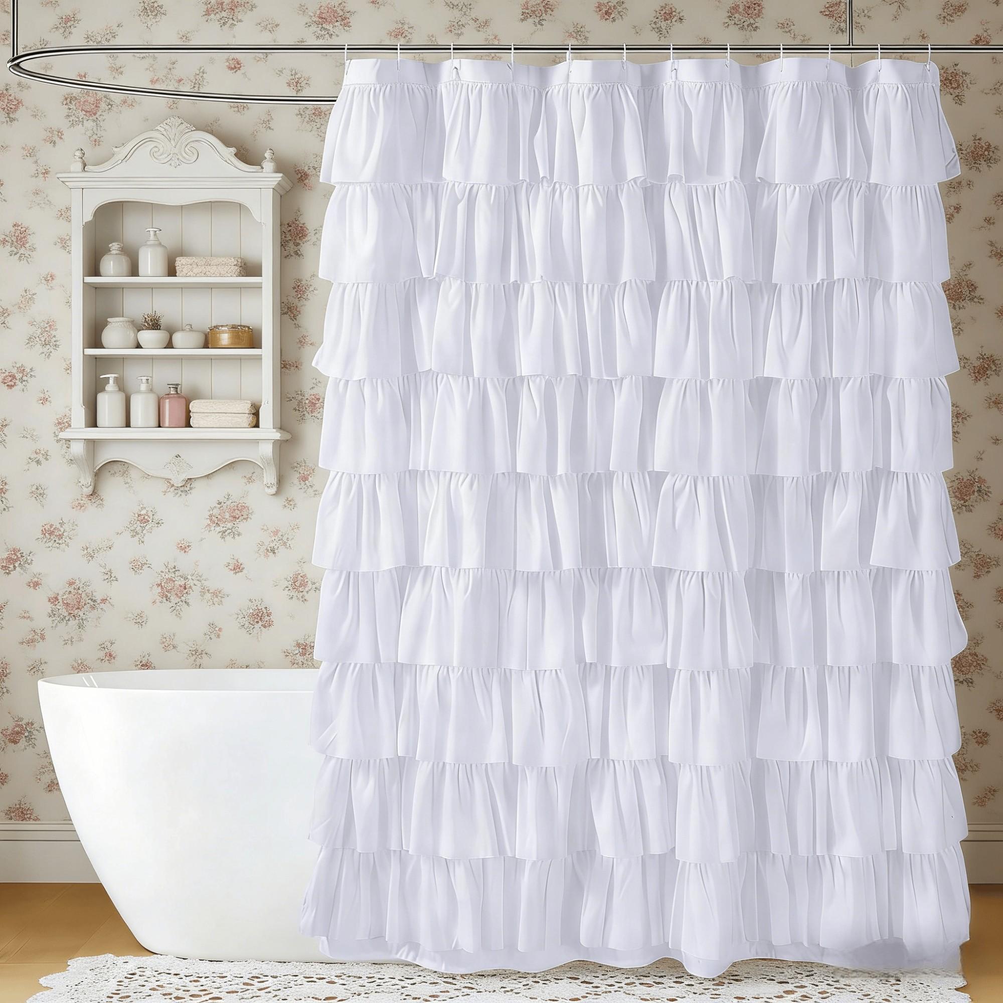 Vintage Ruffled Shower Curtain, 72x72 Inch, Soft Polyester Fiber, Artistic Patchwork Design, Easy Hanging with Eyelets