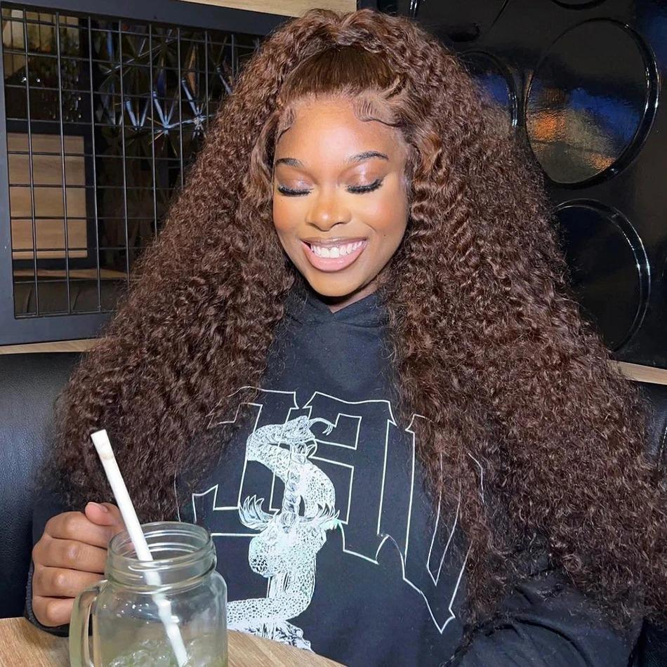 [New In] Bling Hair 13x6 13x4 Chocolate Brown HD Lace Front Wig Human Hair Wigs for Black Women 180% Denisty Deep Wave Lace Frontal Wigs Curly 4# Pre Plucked with Baby Hair Colored Wig TikTokShopHolidayHaul