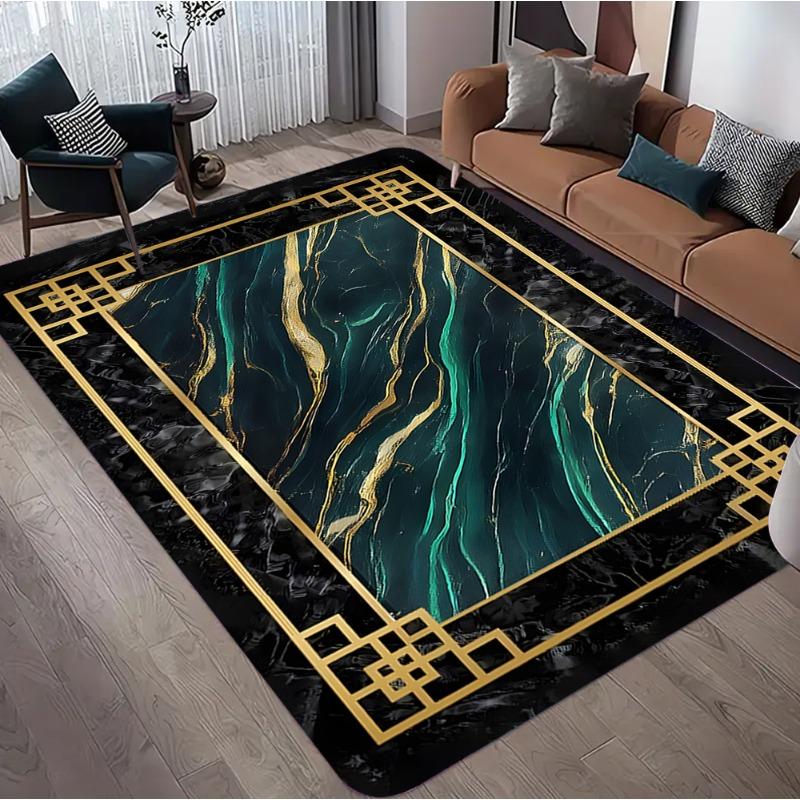 Luxury Black Green Gold Marble Flannel Area Rug - Modern Geometric Border Print Soft Mat for Living Room, Non-Slip Home Decor#LuxuryMarbleRug #BlackGreenGoldMat #GeometricBorderDecor #ModernCarpet #NonSlipFlannelRug
